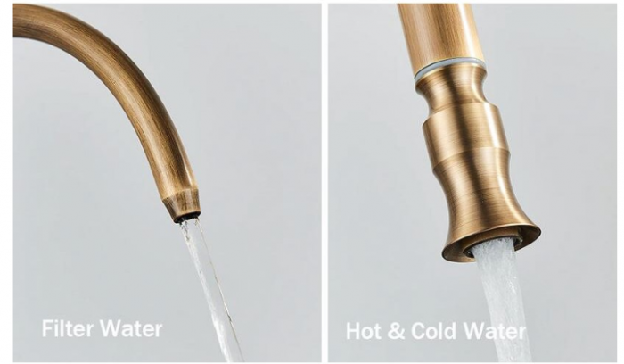 Baterie de bucatarie 3 cai cu touch, gold antichizat, cu 2 functii de curgere si dus extractabil, AquaSpa [6]