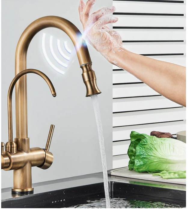 Baterie de bucatarie 3 cai cu touch, gold antichizat, cu 2 functii de curgere si dus extractabil, AquaSpa [3]