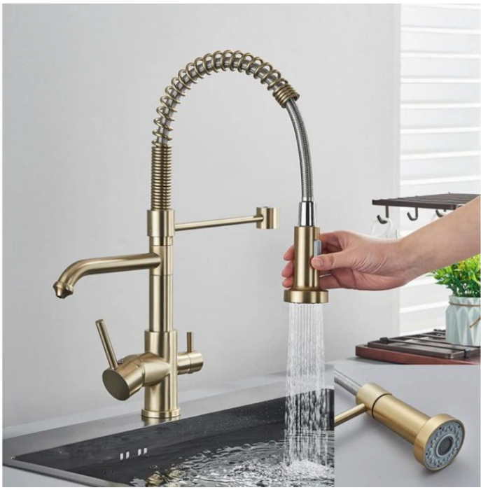 Baterie de bucatarie cu 3 cai, cu 2 functii de curgere si dus extractibil, gold, AquaSpa [2]