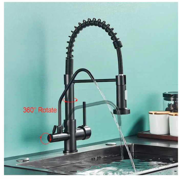 Baterie de bucatarie cu 3 cai, cu 2 functii de curgere si dus extractibil, negru mat, Tip C, AquaSpa [7]