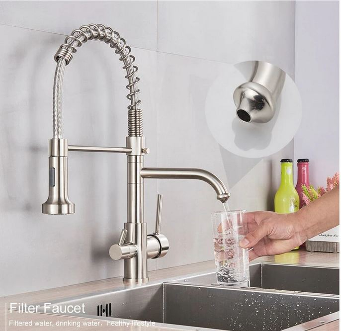 Baterie de bucatarie cu 3 cai, cu 2 functii de curgere si dus extractibil, nichel, AquaSpa [6]