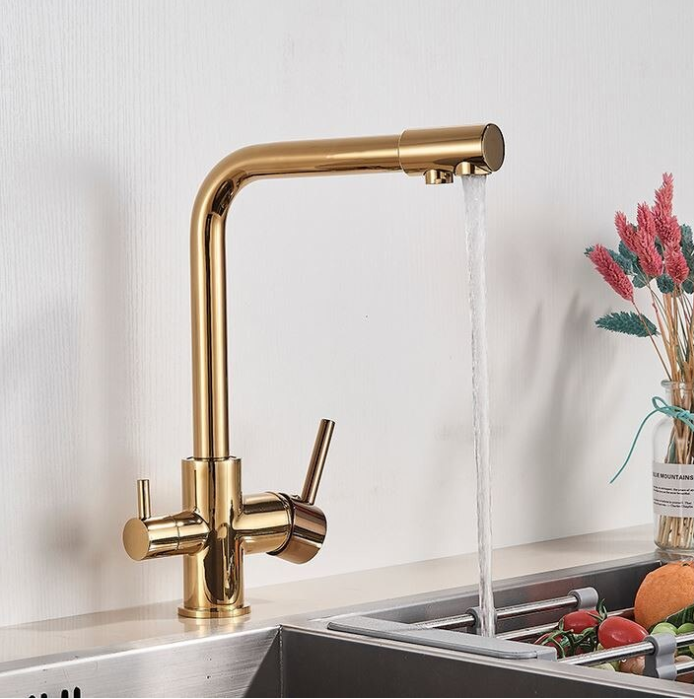 Baterie de bucatarie cu 3 cai pentru apa purificata, cu 2 functii de curgere, gold lucios, AquaSpa [3]
