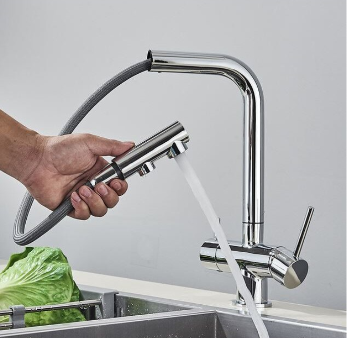 Baterie de bucatarie cu 3 cai pentru apa purificata cu dus extractibil si 2 functii, negru, AquaSpa [3]