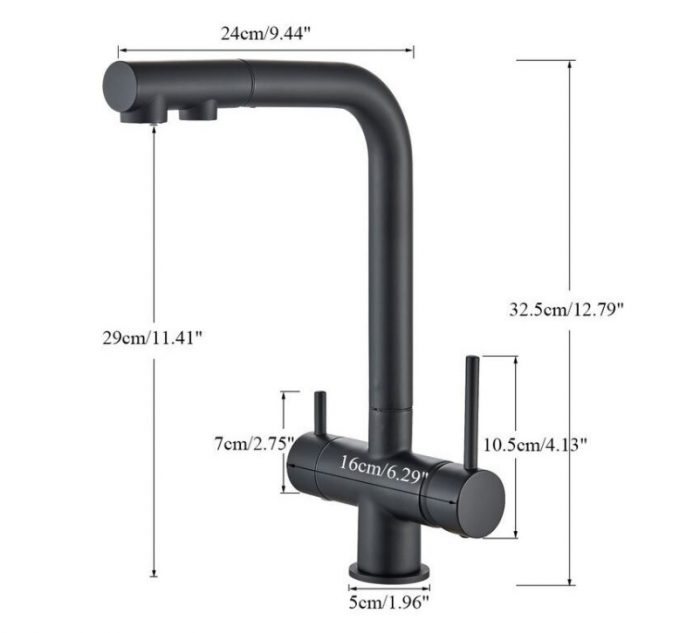 Baterie de bucatarie cu 3 cai pentru apa purificata cu dus extractibil si 2 functii, negru, AquaSpa [7]