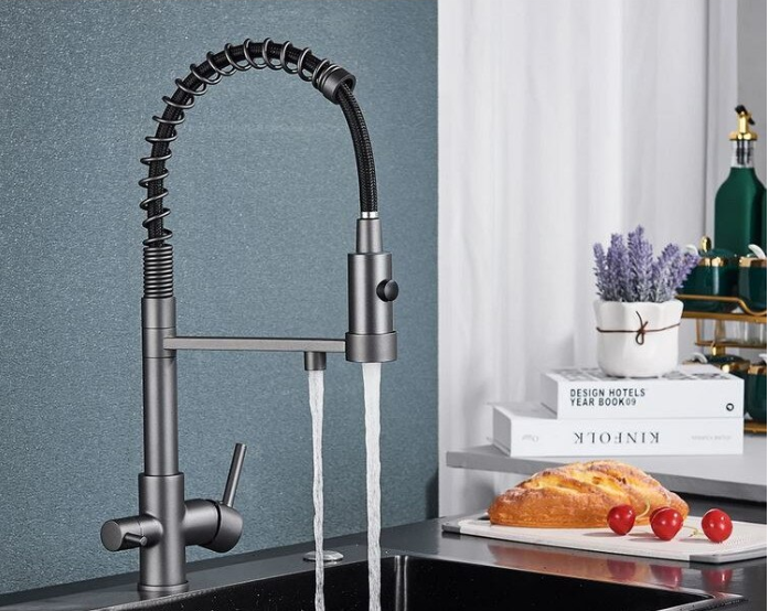 Baterie de bucatarie cu arc pentru apa purificata cu 2 functii de curgere a apei, gri, AquaSpa [4]