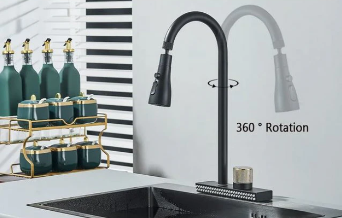 Baterie de bucatarie cu sistem de curgere tip cascada, cu dus extractibil si 4 moduri de curgere a apei, negru mat, AquaSpa [4]
