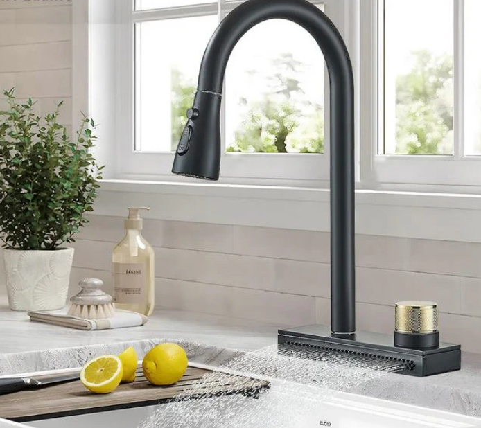 Baterie de bucatarie cu sistem de curgere tip cascada, cu dus extractibil si 4 moduri de curgere a apei, negru mat, AquaSpa [2]