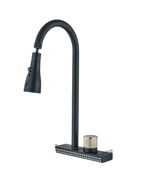 Baterie de bucatarie cu sistem de curgere tip cascada, cu dus extractibil si 4 moduri de curgere a apei, negru mat, AquaSpa [1]