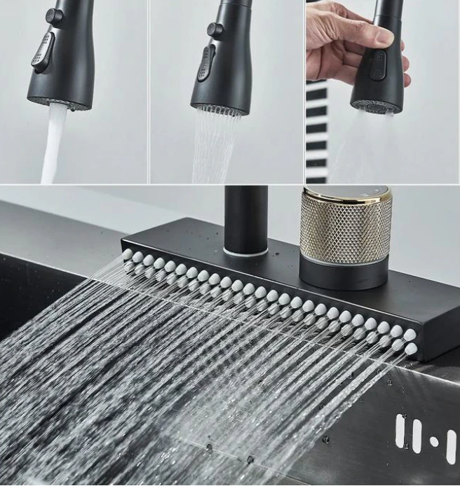 Baterie de bucatarie cu sistem de curgere tip cascada, cu dus extractibil si 4 moduri de curgere a apei, negru mat, AquaSpa [5]
