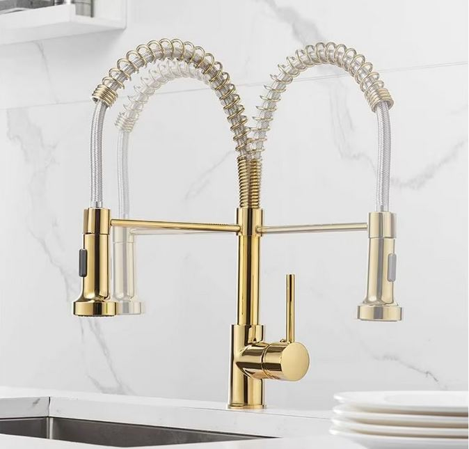 Baterie profesionala pentru chiuveta cu arc, cu dus extractabil, pipa inalta, AquaSpa, Gold [4]