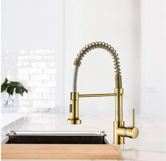 Baterie profesionala pentru chiuveta cu arc, cu dus extractabil, pipa inalta, AquaSpa, Gold [6]