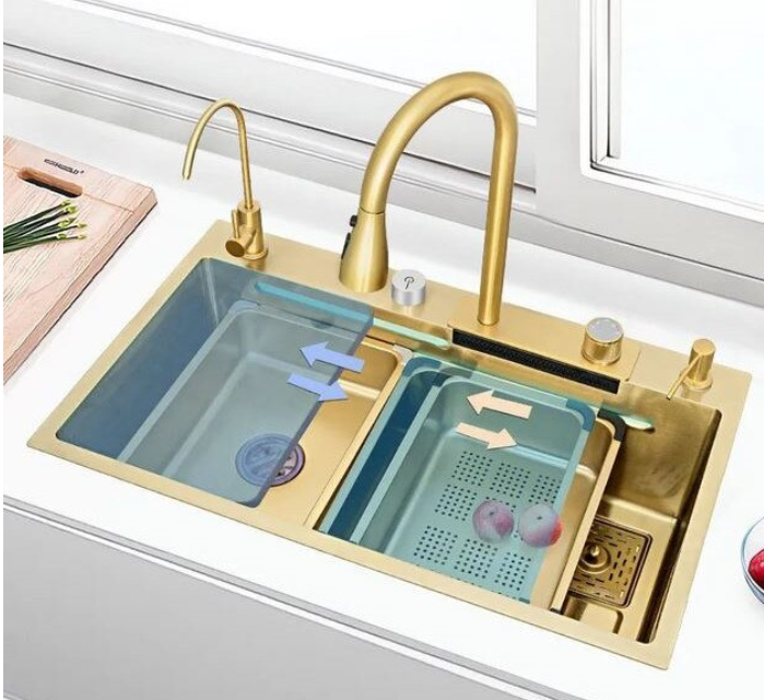 Chiuveta multifunctionala din otel inoxidabil cu accesorii incluse, 2 baterii incluse, culoare gold, dimensiune 750x450mm, AquaSpa [6]