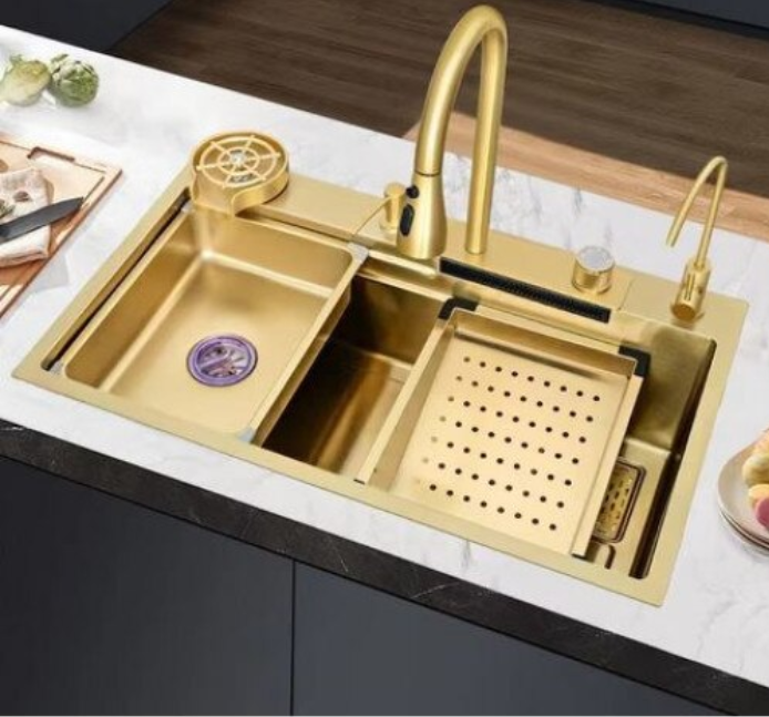Chiuveta multifunctionala din otel inoxidabil cu accesorii incluse, 2 baterii incluse, culoare gold, dimensiune 750x450mm, AquaSpa [3]