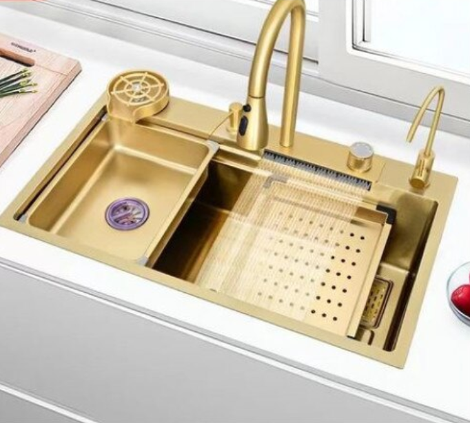 Chiuveta multifunctionala din otel inoxidabil cu accesorii incluse, 2 baterii incluse, culoare gold, dimensiune 750x450mm, AquaSpa [5]