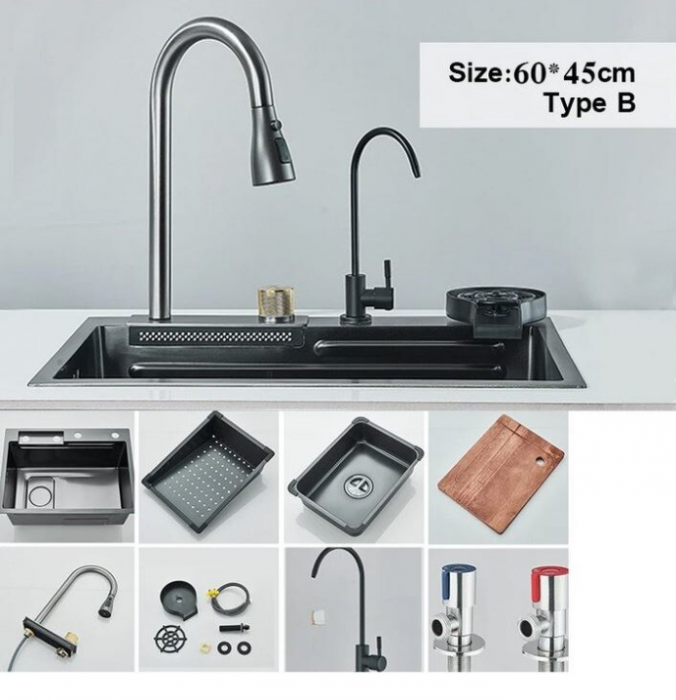 Chiuveta multifunctionala din otel inoxidabil cu accesorii incluse, 2 baterii incluse, culoare negru-gri, dimensiune 600x450mm, AquaSpa [3]