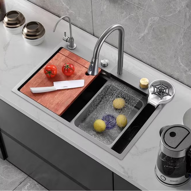Chiuveta multifunctionala din otel inoxidabil cu accesorii incluse, 2 baterii incluse, culoare negru-gri, dimensiune 680x460mm, AquaSpa [3]