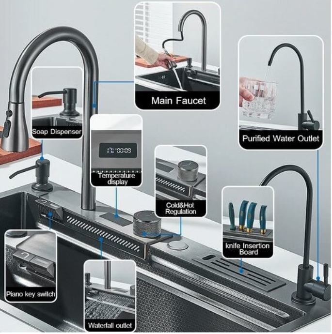 Chiuveta multifunctionala din otel inoxidabil cu accesorii incluse, baterie cu afisaj digital, dimensiune 750x450mm, AquaSpa [4]