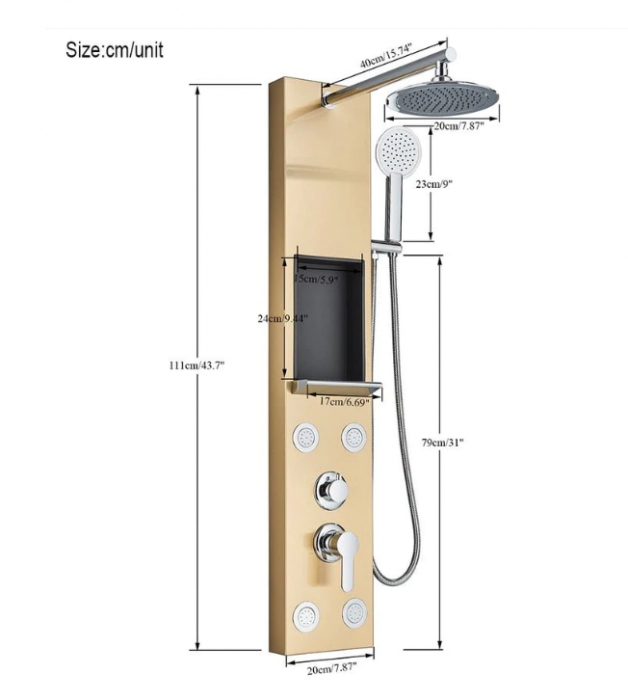 Panel de dus cu suport integrat, din otel inoxidabil, Gold, functie ploaie, cascada si hidromasaj, AquaSpa [3]