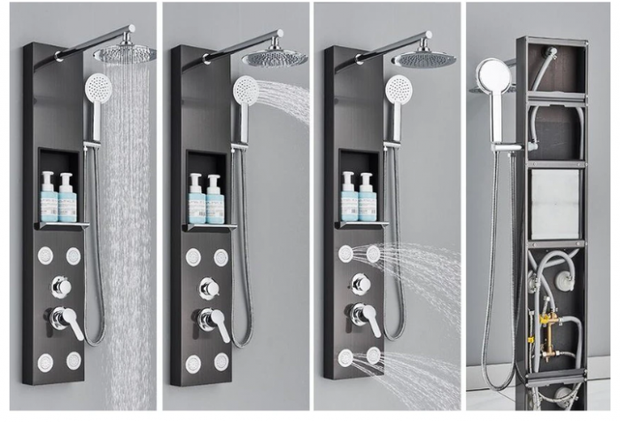 Panel de dus cu suport integrat, din otel inoxidabil, Negru, functie ploaie, cascada si hidromasaj, AquaSpa [3]