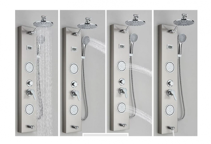 Panel de dus din otel inoxidabil, Argintiu-Nichelat, cu display al temperaturii, duze rotative, functie ploaie, cascada si hidromasaj, AquaSpa [2]