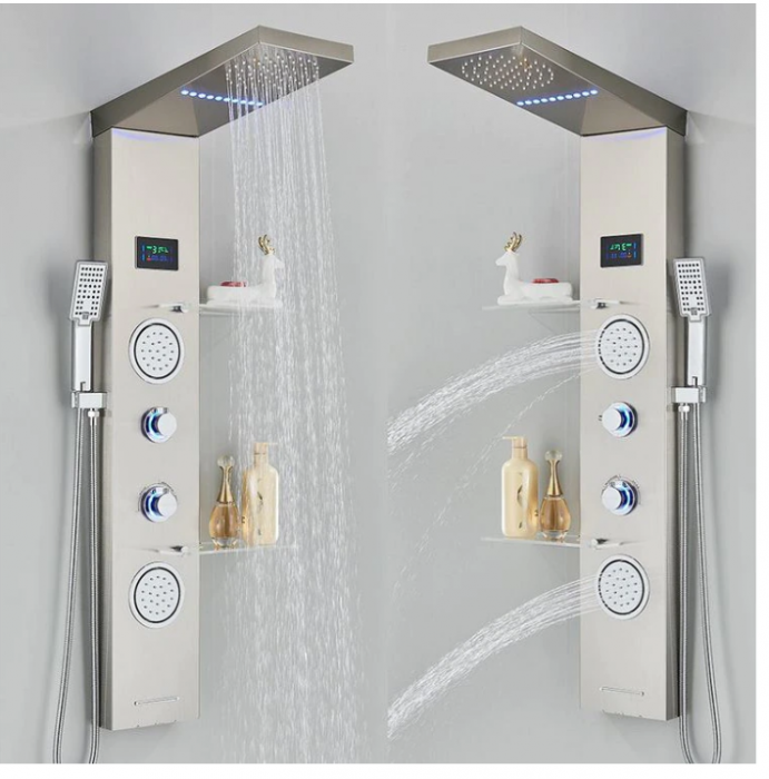 Panel de Dus Multifunctional cu LED, afisaj digital, Crom, jeturi SPA, baterie cu efect de ploaie, sistem de masaj, 5 functii de curgere a apei, AquaSpa [4]