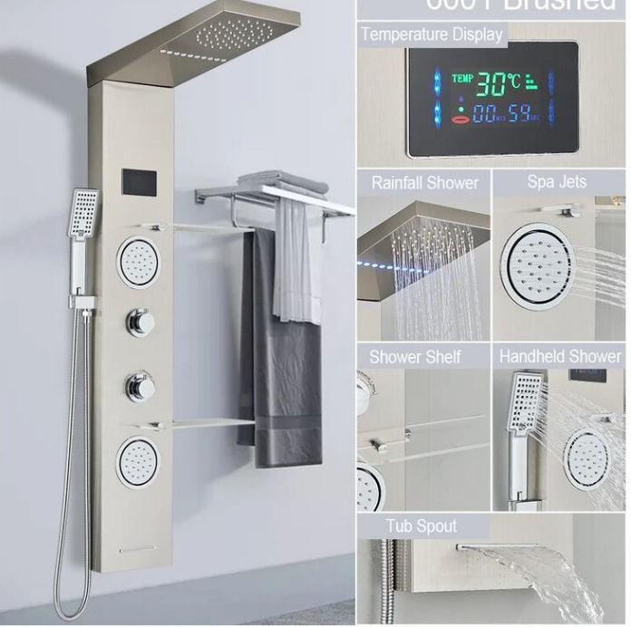 Panel de Dus Multifunctional cu LED, afisaj digital, Crom, jeturi SPA, baterie cu efect de ploaie, sistem de masaj, 5 functii de curgere a apei, AquaSpa [5]