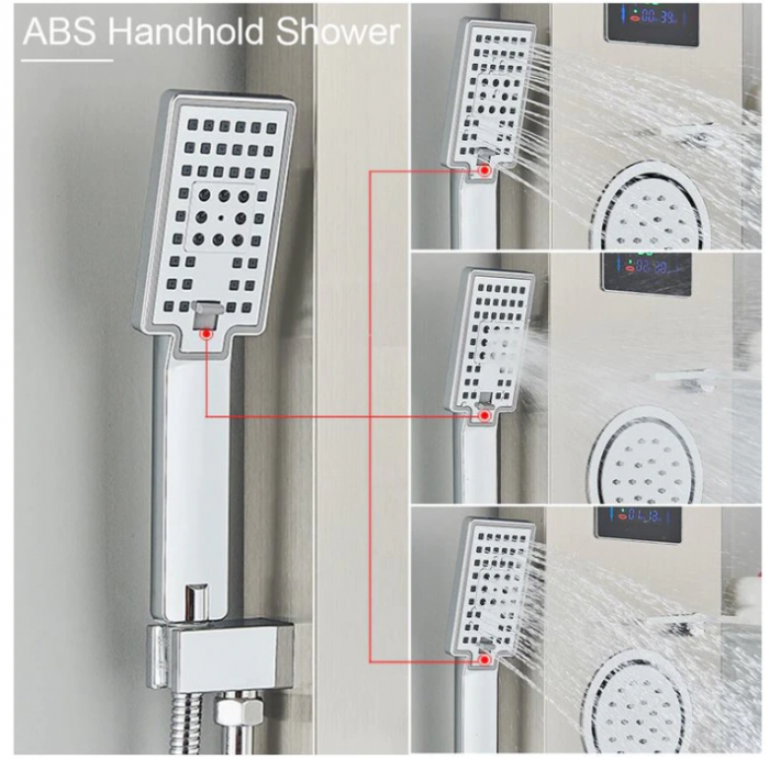 Panel de Dus Multifunctional cu LED, afisaj digital, Crom, jeturi SPA, baterie cu efect de ploaie, sistem de masaj, 5 functii de curgere a apei, AquaSpa [7]