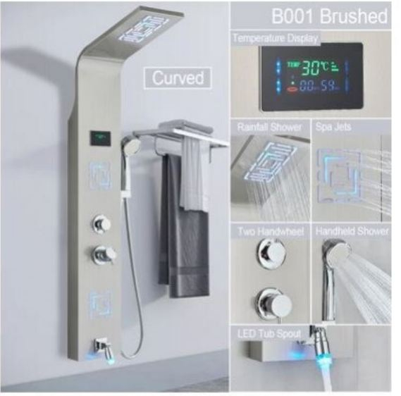Panel de Dus Multifunctional cu LED, afisaj digital, Gri, jeturi SPA, baterie cu efect de ploaie, sistem de masaj, 5 functii de curgere a apei, Curbat, AquaSpa [2]