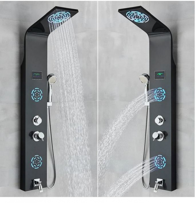 Panel de Dus Multifunctional cu LED, afisaj digital, Negru, jeturi SPA, baterie cu efect de ploaie, sistem de masaj, 5 functii de curgere a apei, Curbat, AquaSpa [2]