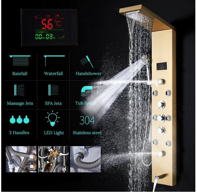 Panel de Dus Multifunctional cu LED,GOLD,ecran de temperatura,efect de ploaie,sistem de masaj,jeturi SPA [2]