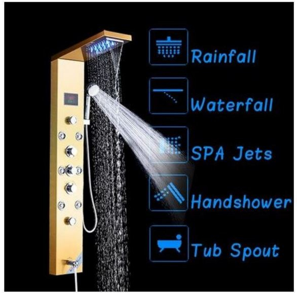 Panel de Dus Multifunctional cu LED,GOLD,ecran de temperatura,efect de ploaie,sistem de masaj,jeturi SPA [6]