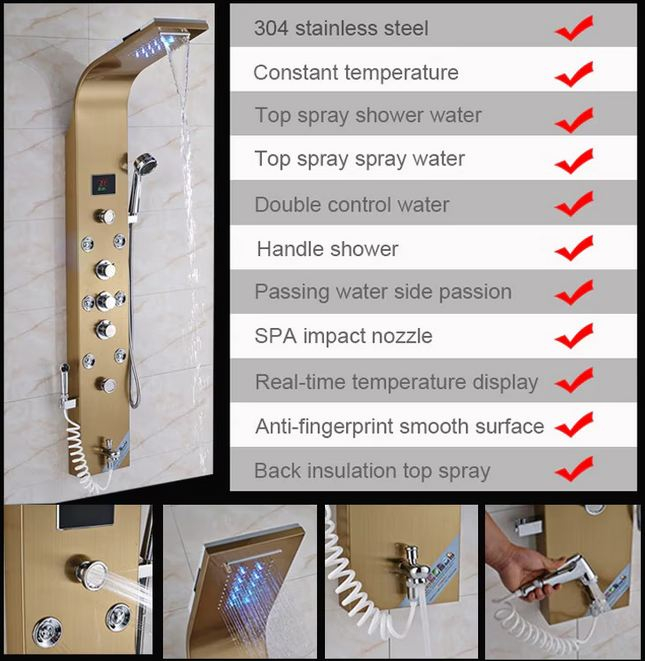 Panel de Dus Multifunctional cu LED, Gold, Ecran de temperatura, efect de ploaie, sistem de masaj, jeturi SPA, AquaSpa, Functie de Bideu [5]