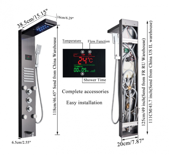 Panel de Dus Multifunctional cu LED,Gri (ecran de temperatura),efect de ploaie,sistem de masaj,jeturi SPA, AquaSpa [8]