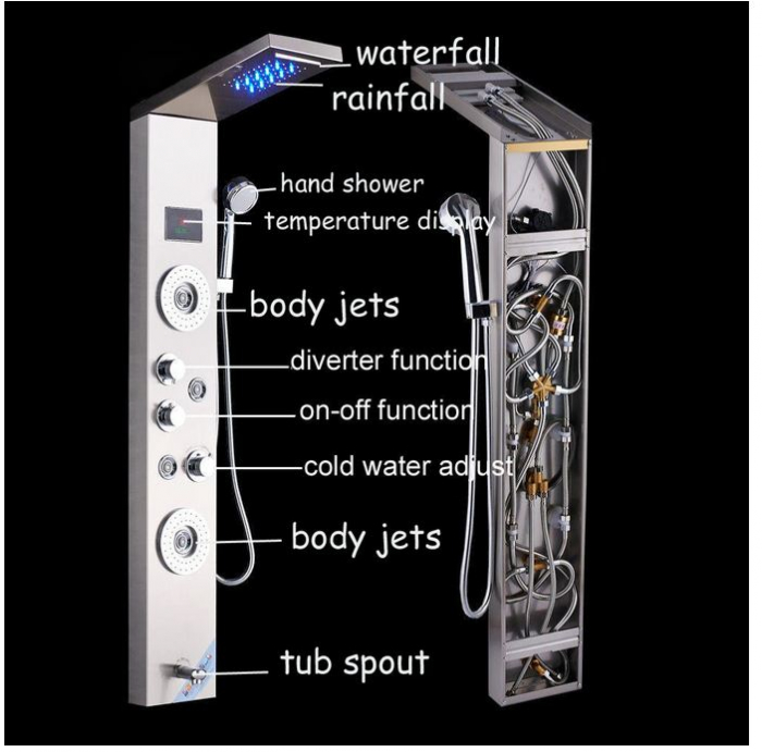Panel de Dus Multifunctional cu LED, Gri, (ecran de temperatura), efect de ploaie, sistem de masaj, jeturi SPA, AquaSpa [6]
