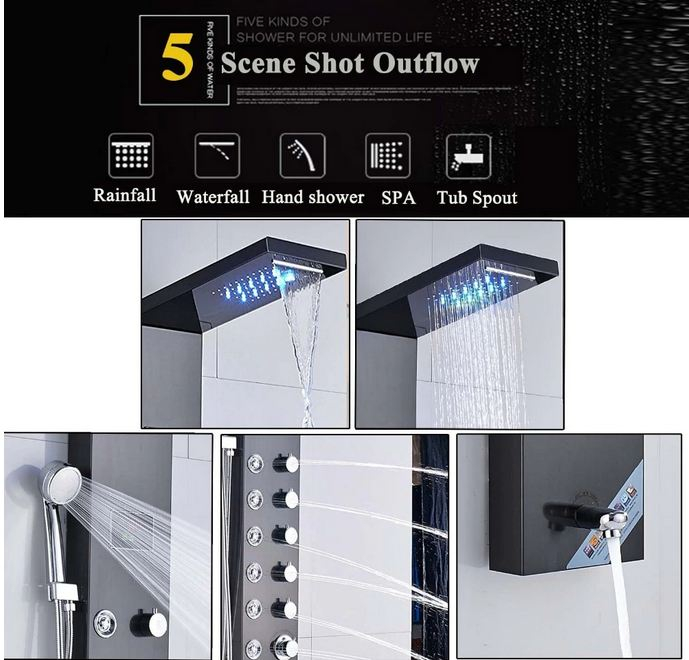 Panel de Dus Multifunctional cu LED, Negru(ecran de temperatura), Aqua Spa, efect de ploaie, sistem de masaj, jeturi SPA [2]