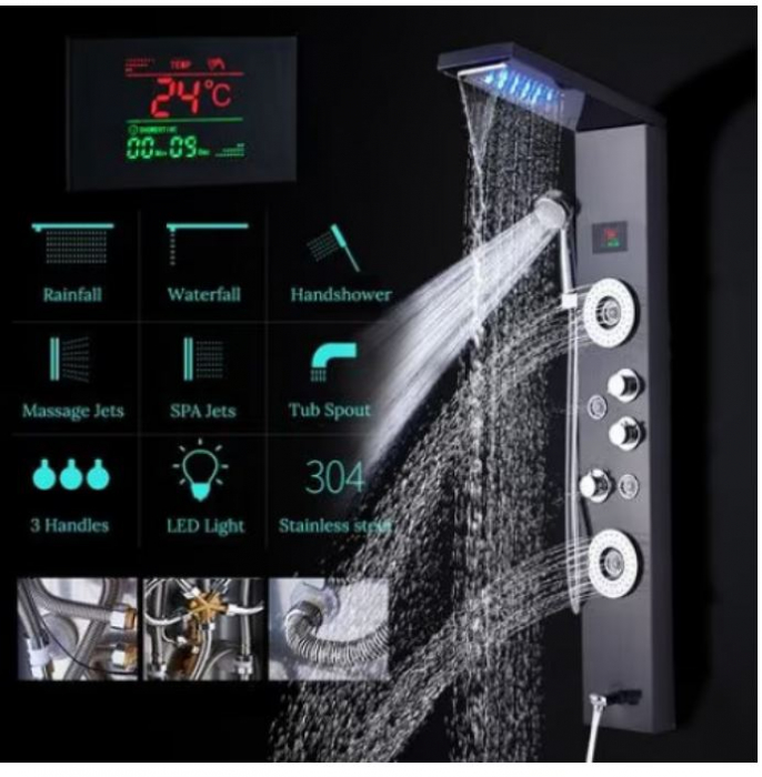 Panel de Dus Multifunctional cu LED,Negru(ecran de temperatura),efect de ploaie,sistem de masaj,jeturi SPA [4]
