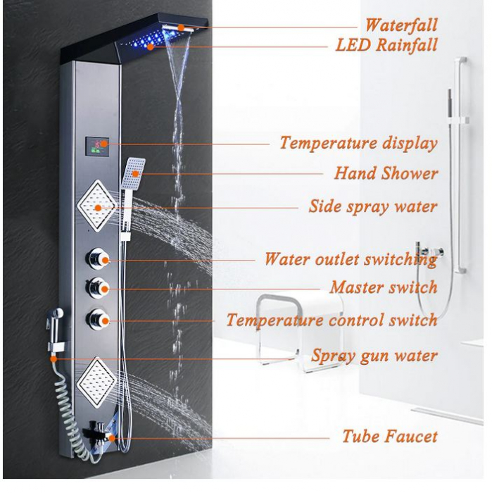 Panel de Dus Multifunctional cu LED, Negru, Ecran de temperatura, efect de ploaie, sistem de masaj, jeturi SPA, AquaSpa [10]