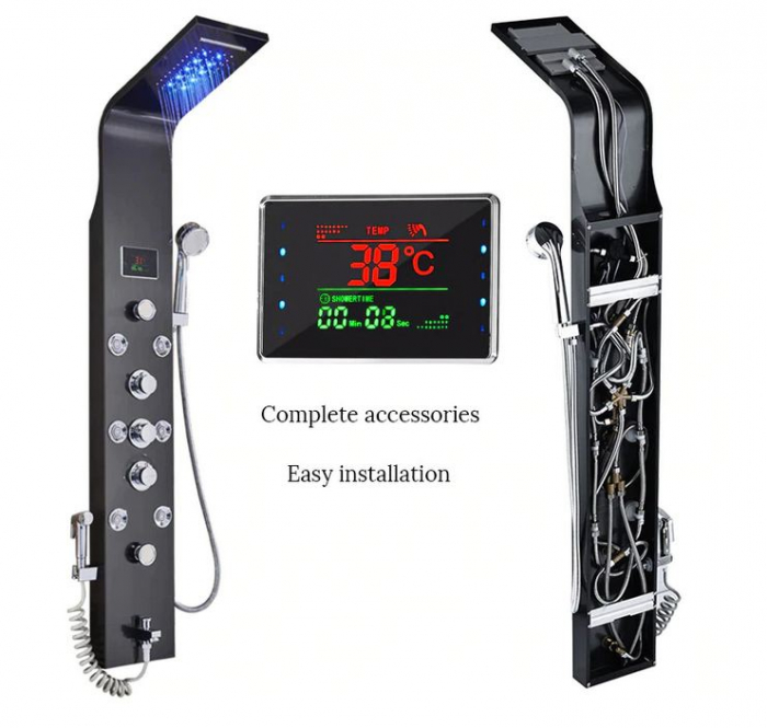 Panel de Dus Multifunctional cu LED, Negru, Ecran de temperatura, efect de ploaie, sistem de masaj, jeturi SPA, AquaSpa, Functie de Bideu [2]