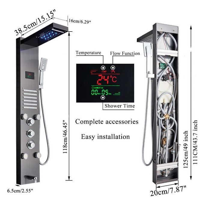 Panel de Dus Multifunctional cu LED, Negru, efect de ploaie, sistem de masaj, jeturi SPA [3]