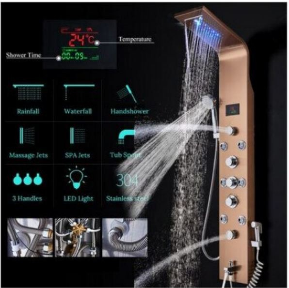 Panel de Dus Multifunctional cu LED, RoseGold, Ecran de temperatura, efect de ploaie, sistem de masaj, jeturi SPA, AquaSpa, Functie de Bideu [6]