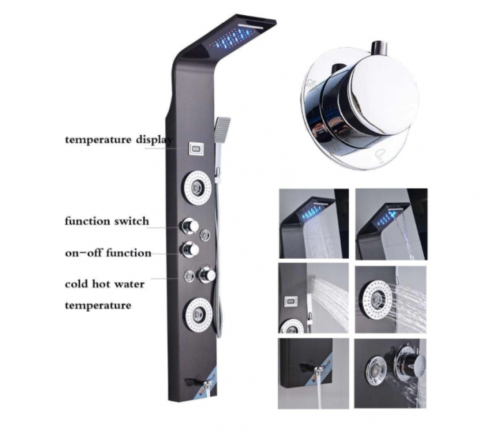 Panel de Dus Multifunctional, Negru(ecran de temperatura), efect de ploaie, sistem de masaj, jeturi SPA, AquaSpaPanel de Dus Multifunctional, Negru(ecran de temperatura), efect de ploaie, sistem de ma [2]