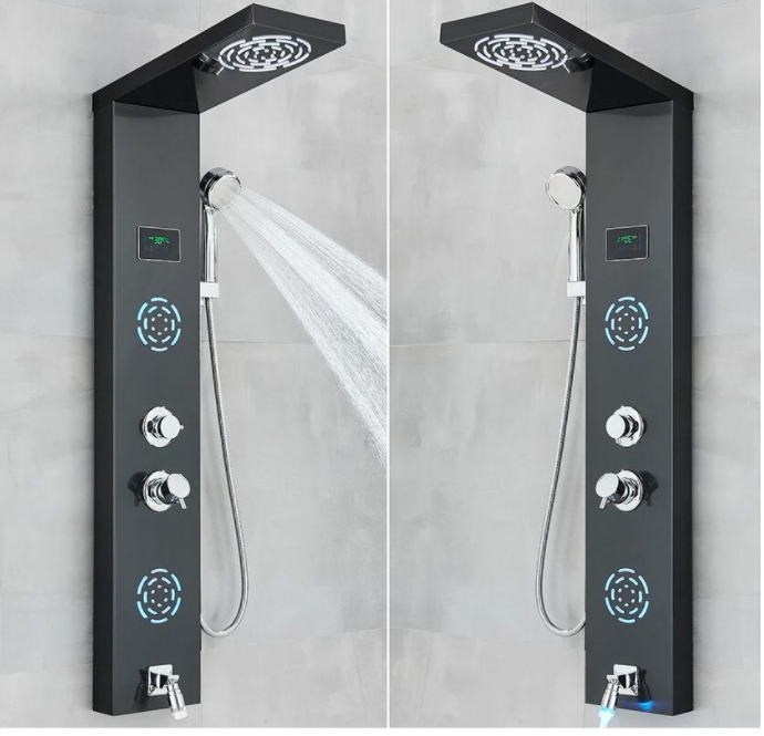 Panou de Dus Multifunctional cu LED, afisaj digital, Negru, jeturi SPA, baterie cu efect de ploaie, sistem de masaj, 5 functii de curgere a apei, Duze Rotunde, 114cm lungime, AquaSpa [3]
