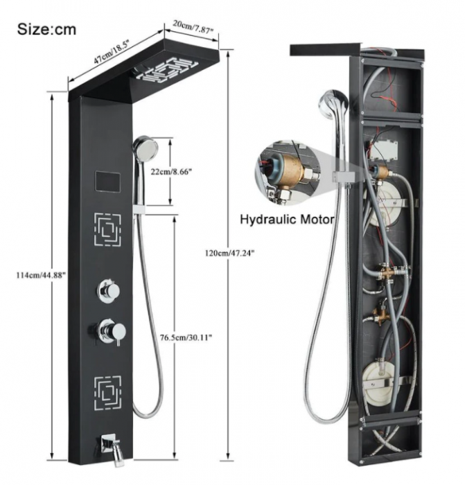 Panou de Dus Multifunctional cu LED, afisaj digital, Negru, jeturi SPA, baterie cu efect de ploaie, sistem de masaj, 5 functii de curgere a apei, Duze Rotunde, 114cm lungime, AquaSpa [5]