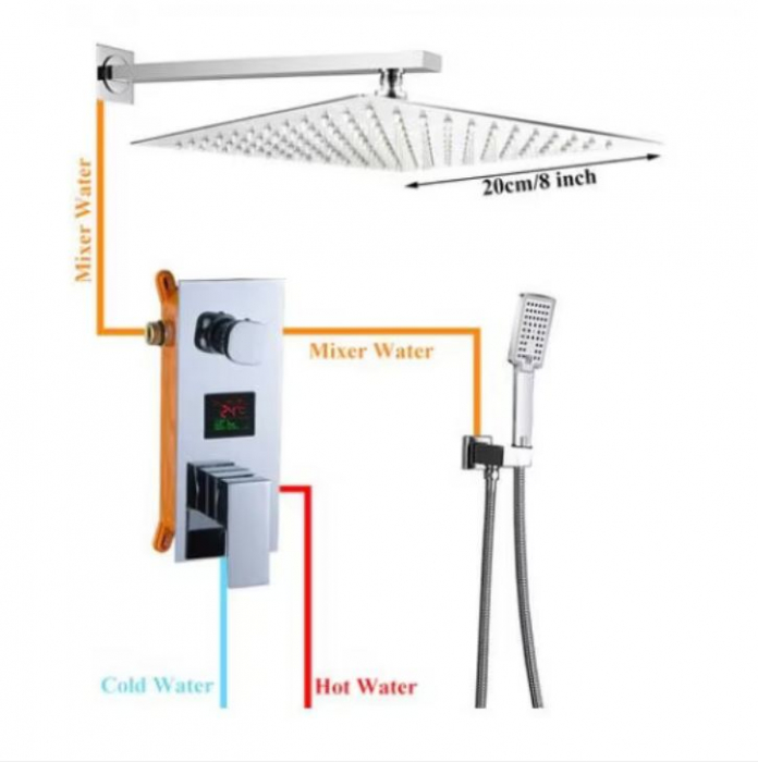 Set de dus Argintiu, AquaSpa, Robinet de dus cu efect de ploaie, 3 Functii, Palarie de dus 20 CM, Display Led A Temperaturii [3]