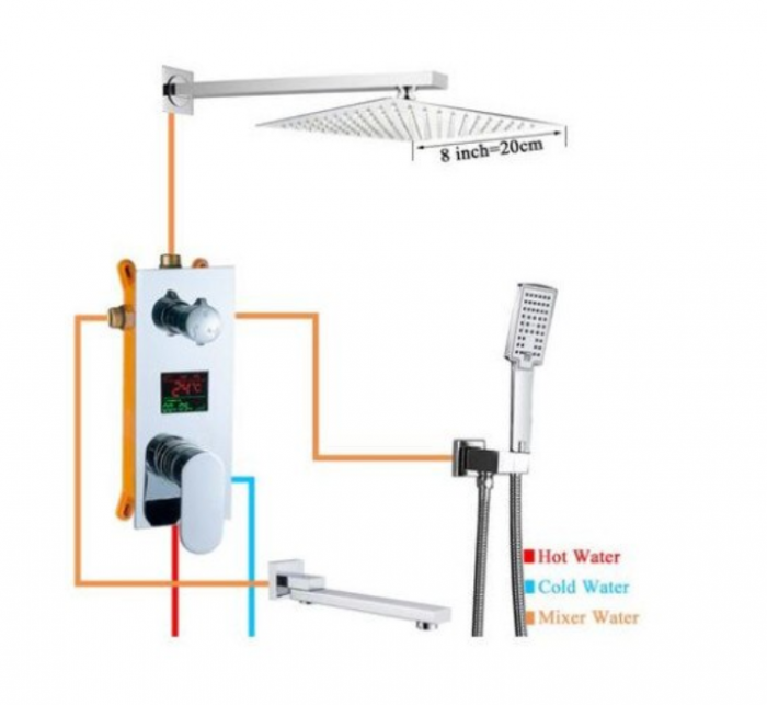Set de dus Argintiu, AquaSpa, Robinet de dus cu efect de ploaie, 3 Functii, Palarie de dus 20 CM, Display Led A Temperaturii, Teava de dus pentru perete cu montaj sub tencuiala [2]