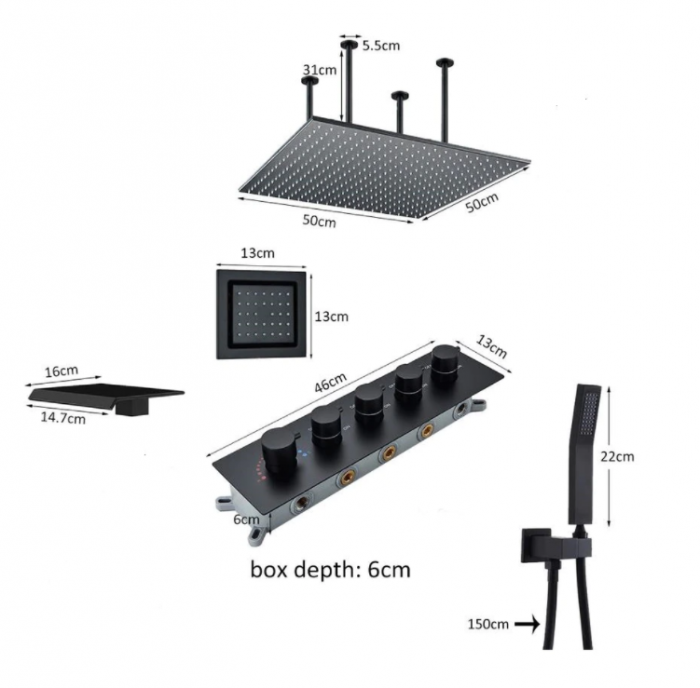 Set de dus cu termostat, negru, cu prindere in tavan si perete, 4 functii, 50x50 cm, Tip A [3]