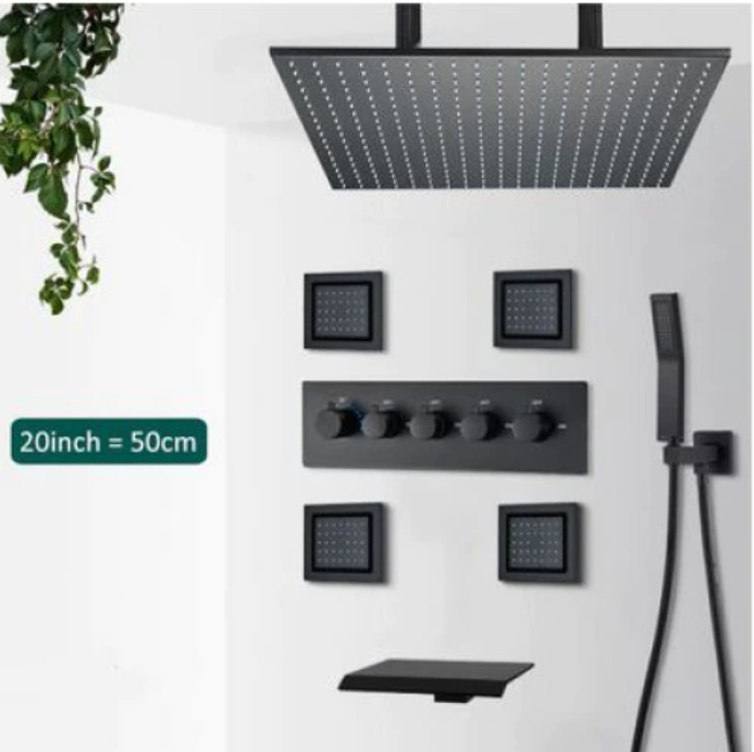 Set de dus cu termostat, negru, cu prindere in tavan si perete, 4 functii, 50x50 cm, Tip A [2]