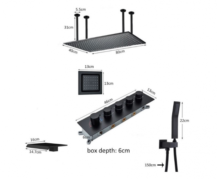 Set de dus cu termostat, negru, cu prindere in tavan si perete, 4 functii, 80x40 cm, Tip A [9]