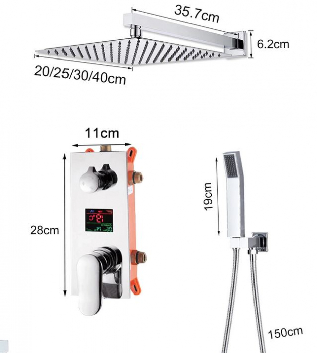 Set de dus incastrat cu display, AquaSpa, Functie Cascada, Palarie de dus 40 CM [3]