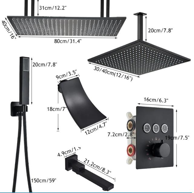 Set de dus incastrat, cu termostat, negru, palarie de 40 x 80, Aqua Spa [2]